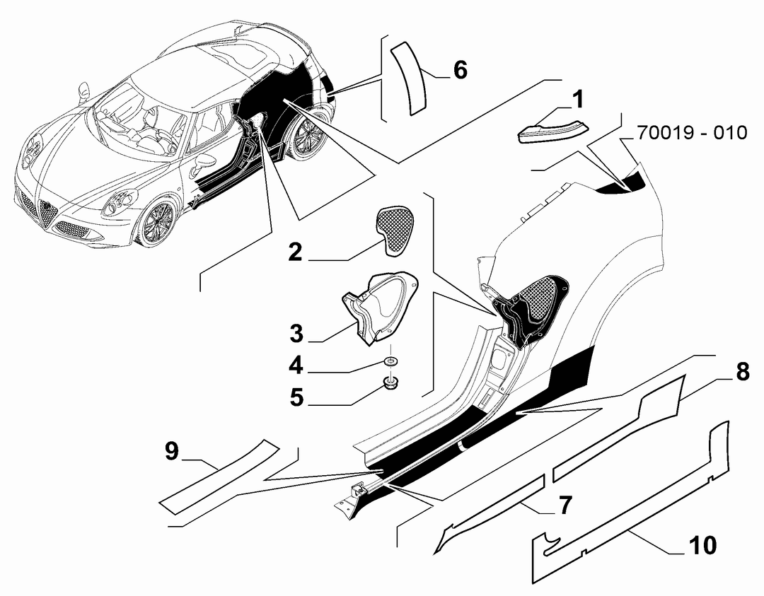 OUTER MOULDINGS ON MUDGUARD AND SIDE SILL AREA