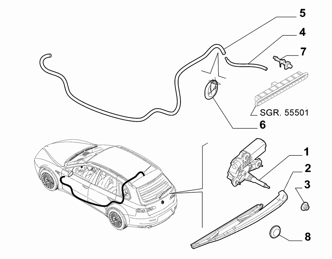 REAR WIPERS - ARM, BRUSHES AND MOTOR
